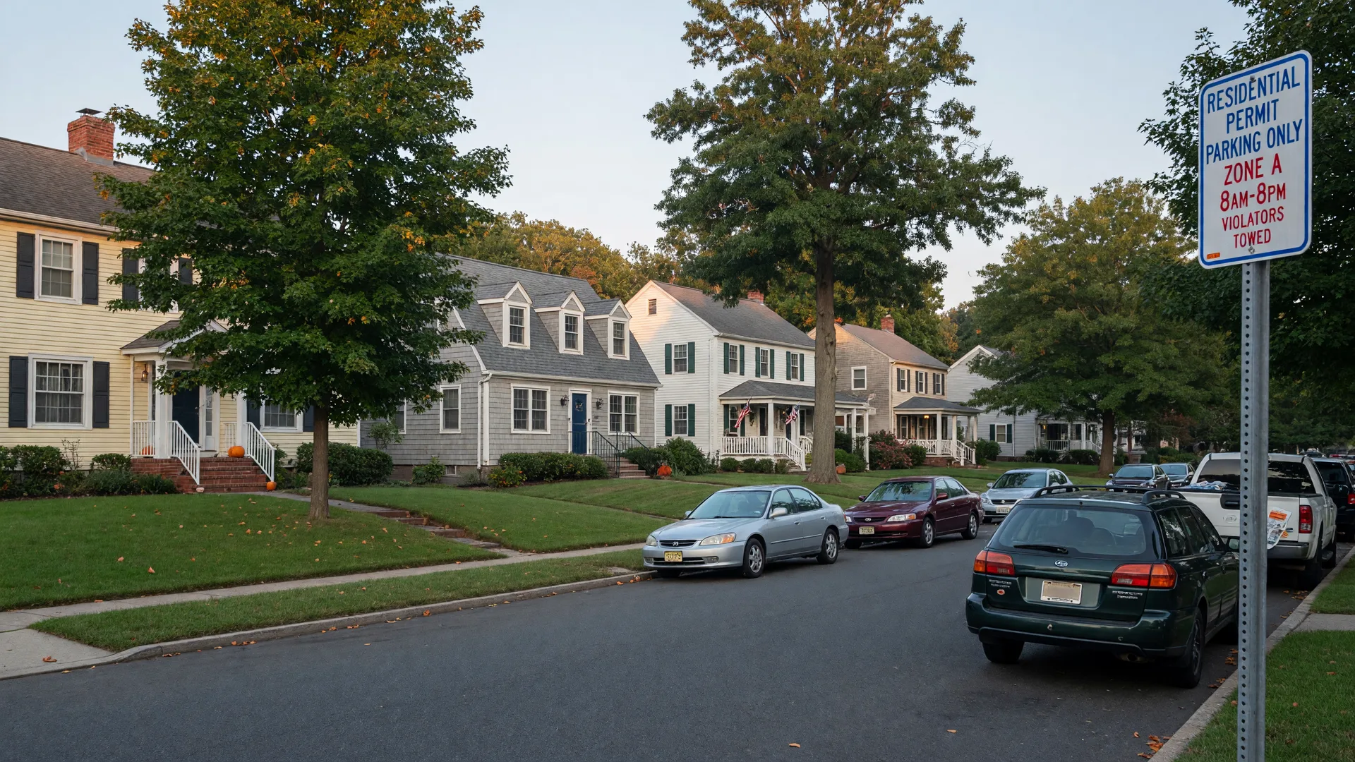 A quiet residential street in West Orange NJ with Colonial and Cape Cod homes, parked cars along the curb, and a residential permit parking sign at the corner