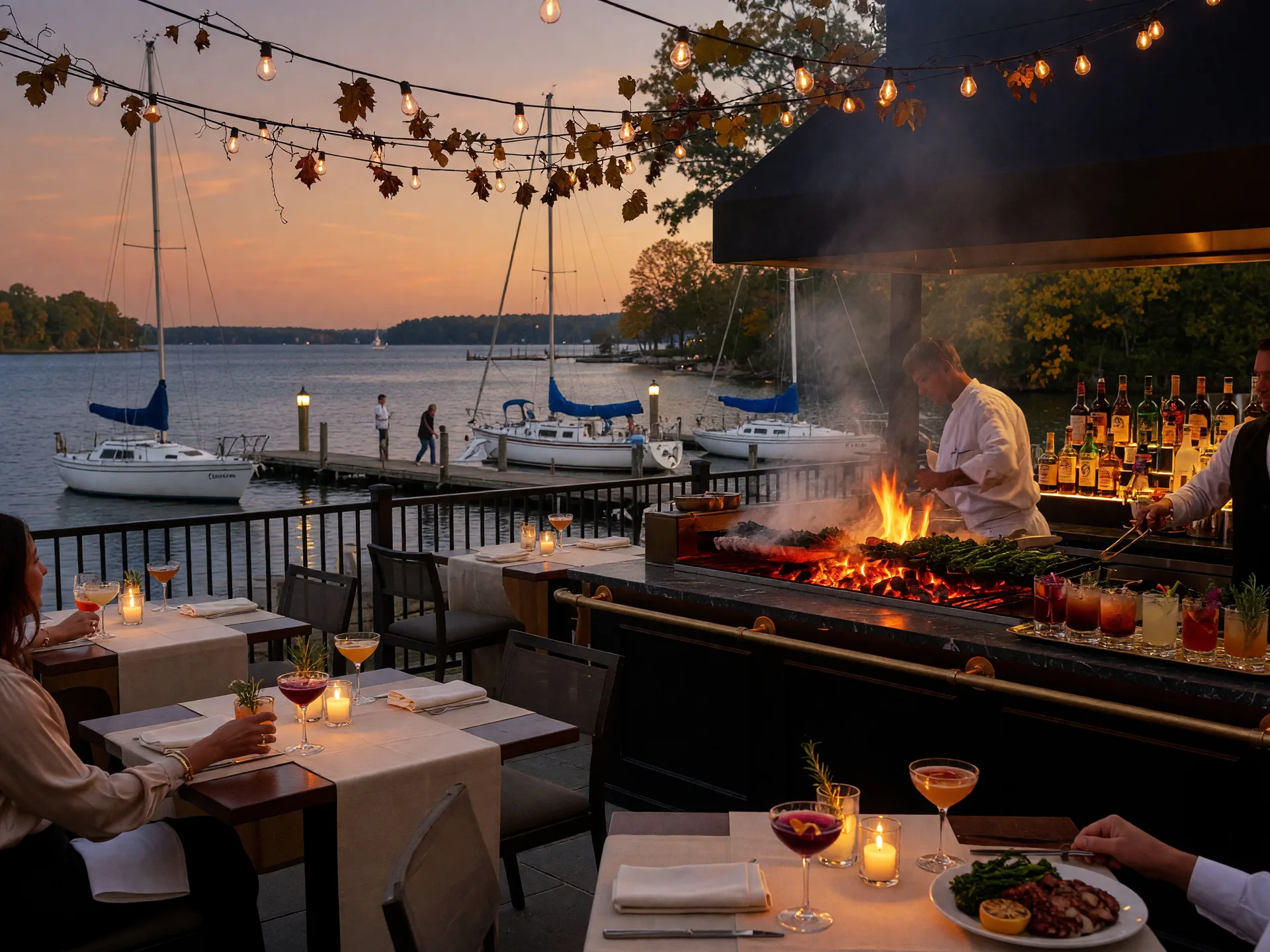 A warm evening on an upscale lakeside restaurant patio in Cornelius with a glowing grill, craft-cocktail bar, candle-lit tables, sailboat harbor views, and early-autumn string lights overhead