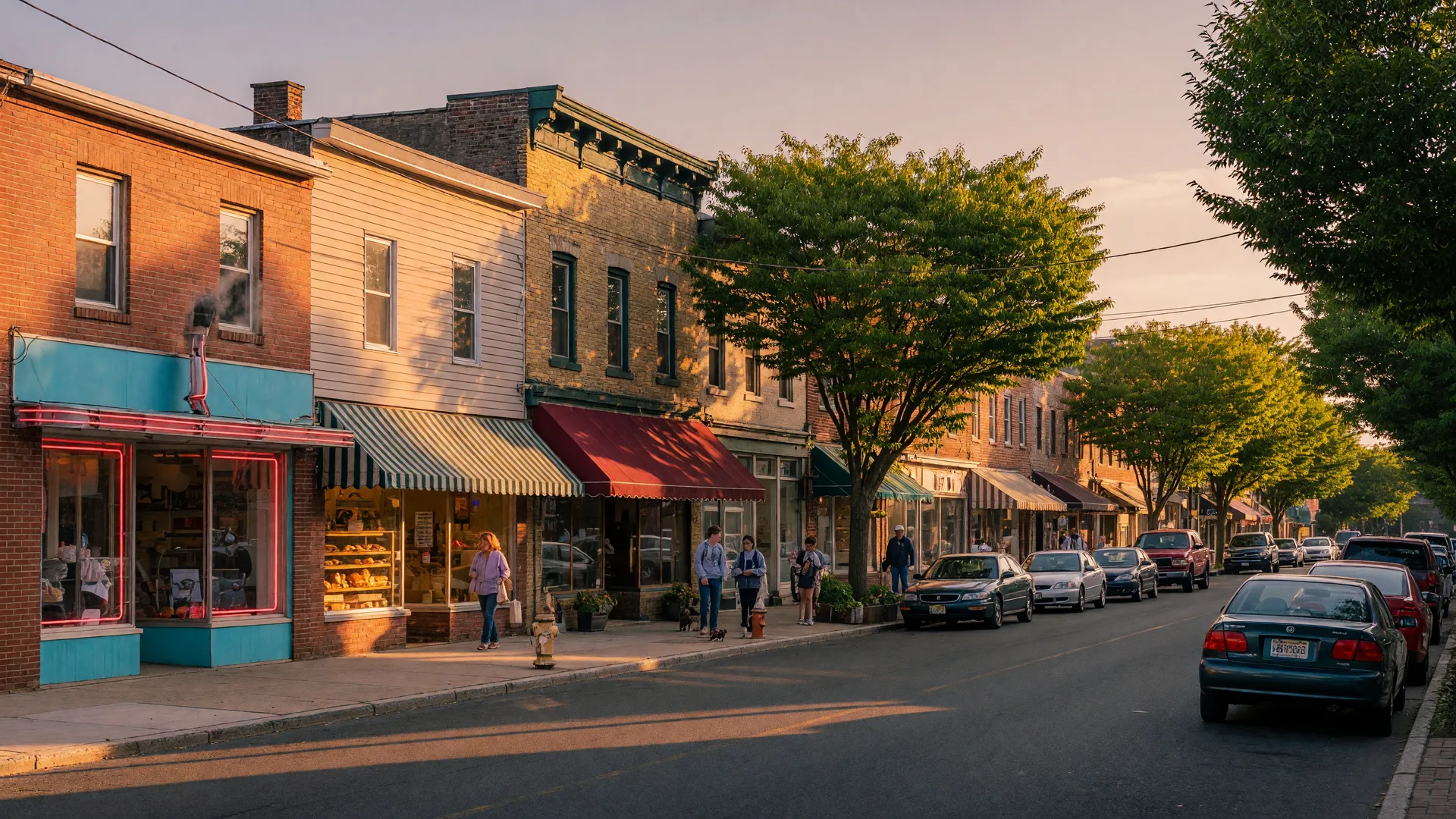 A classic small-town New Jersey main street at golden hour with cafes, bakeries, and a restaurant storefront along a tree-lined curb