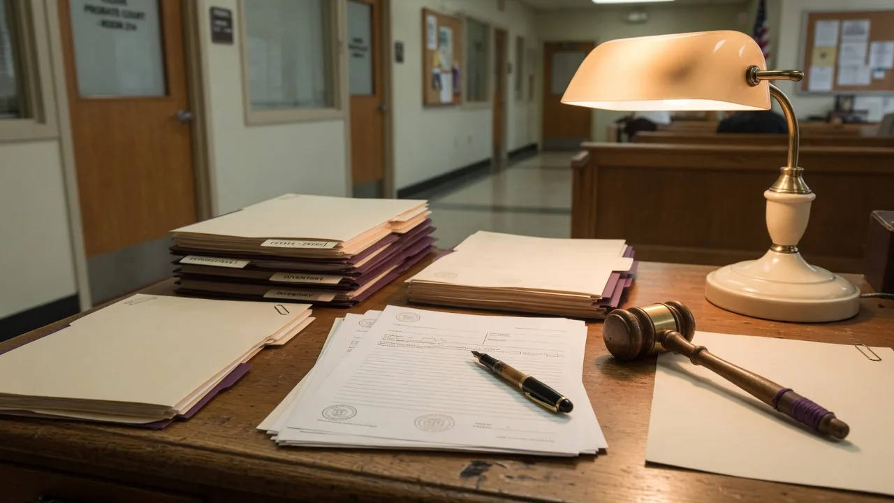 A fountain pen over blank petition forms on a Register of Wills office desk, representing opening probate in Maryland