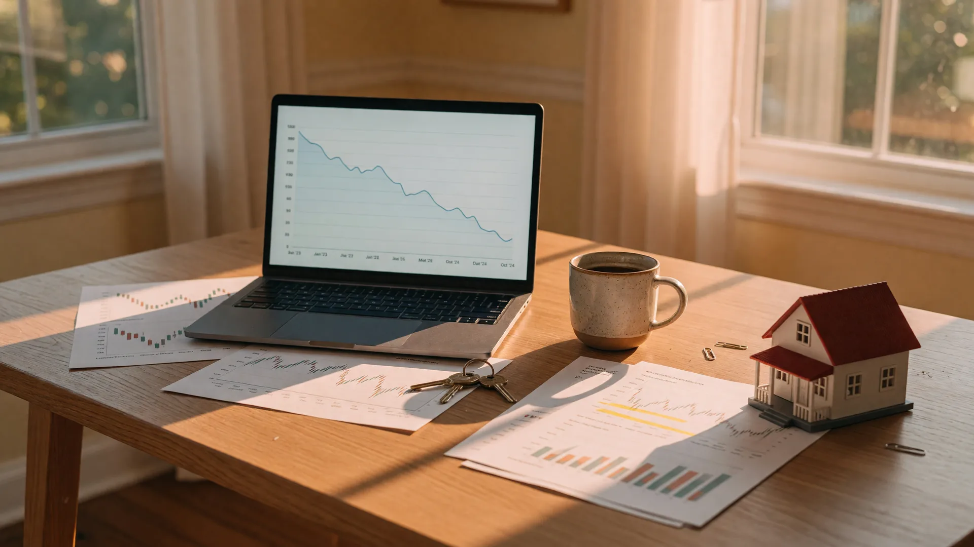A home buyer's planning desk at golden hour with a laptop showing a gently declining home price chart, coffee mug, printed market reports, brass keys, and a small model house, representing the decision between waiting for a crash and buying during a correction