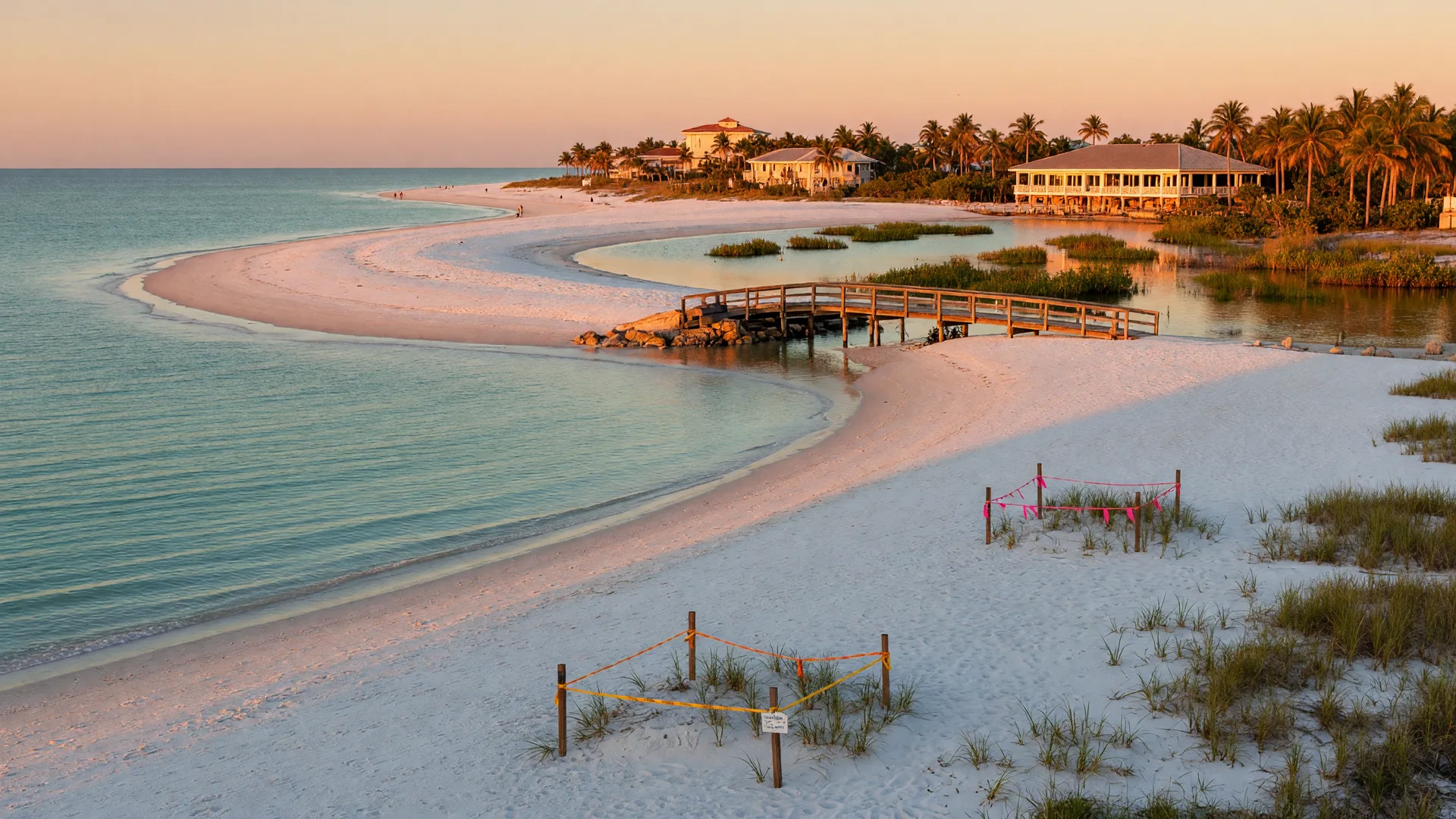Siesta Key's white quartz beach at golden hour curving along turquoise Gulf water, with a wooden footbridge over a lagoon and the beach village in the distance