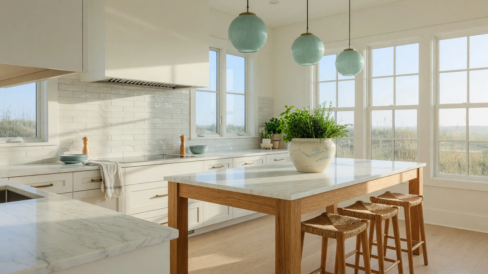 Professionally staged kitchen with marble counters and teal pendant lights