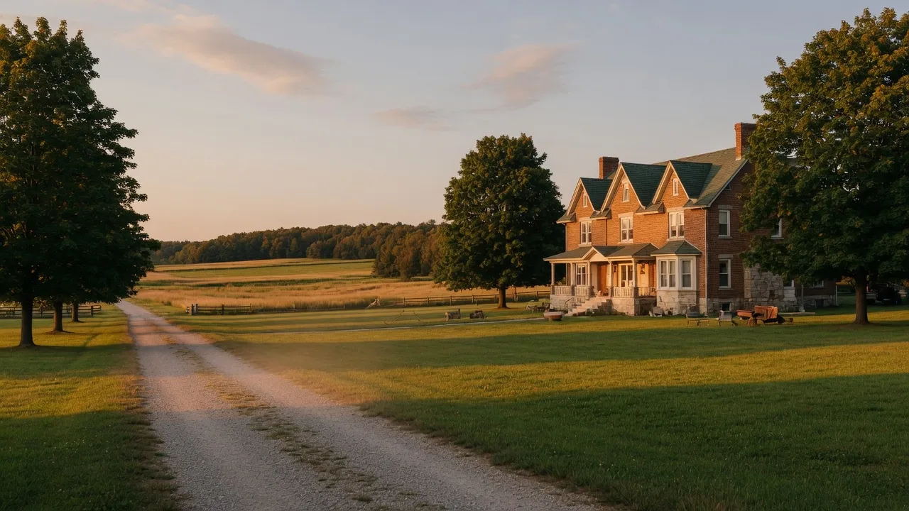 A stately brick and stone country estate home in North Durham set on rolling acreage with a tree-lined gravel laneway and mature maples at golden hour