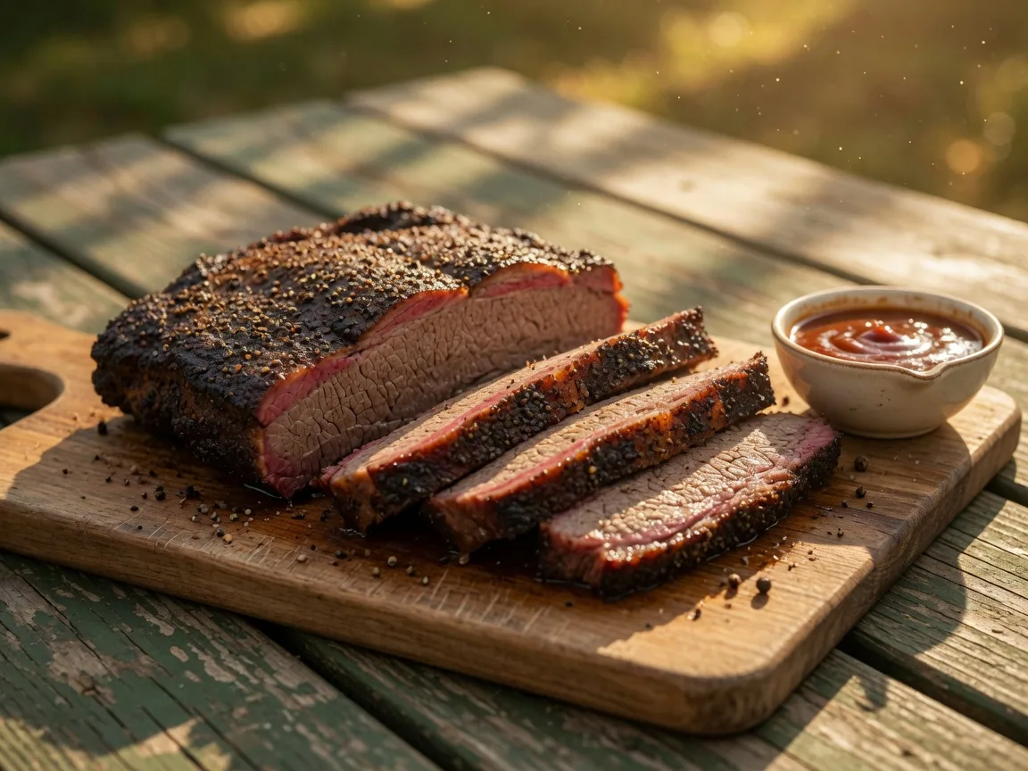 Smoked Texas brisket with a deep pink smoke ring and pepper bark at Tin Roof BBQ in Atascocita