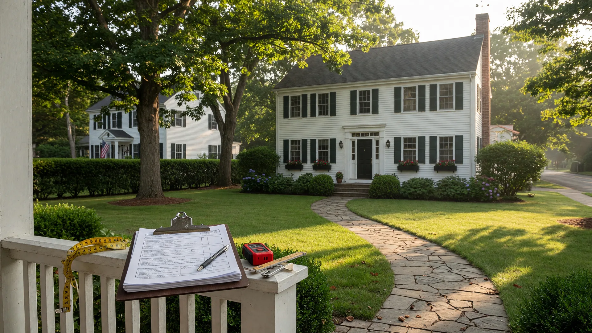 A classic New England colonial home on a warm summer morning in a quiet Connecticut neighborhood, with a real estate appraisal in progress