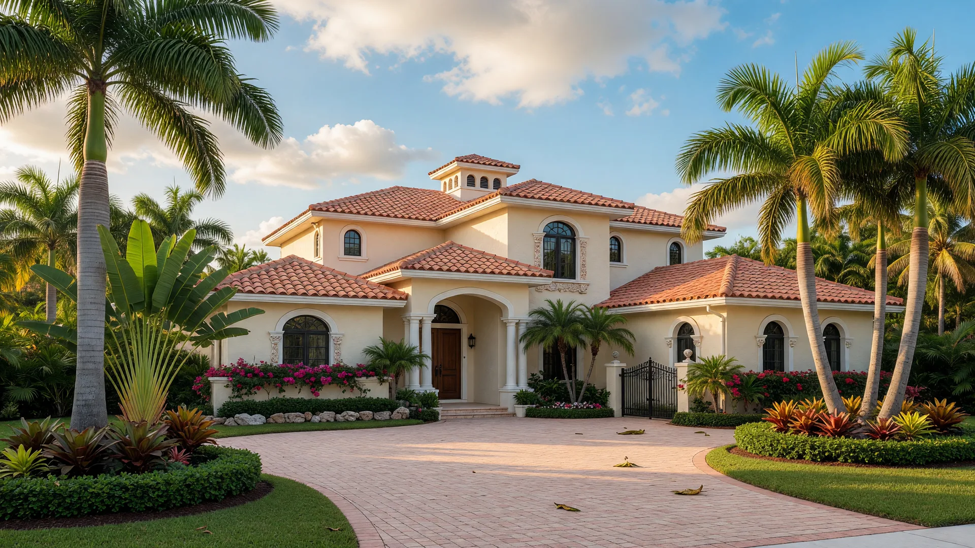 Beautiful South Florida home with Mediterranean architecture and palm trees