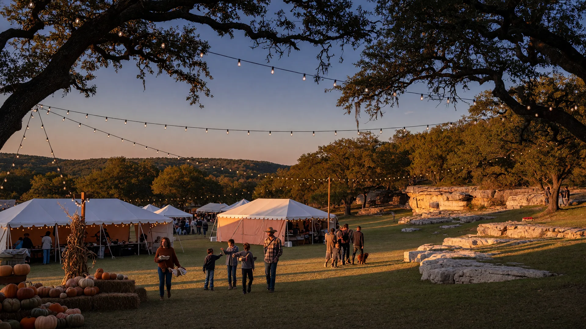 An autumn festival in the Texas Hill Country at golden hour: vendor and food tents strung with string lights between live oak trees, pumpkins and hay bales near the entry, and rolling hills in the distance