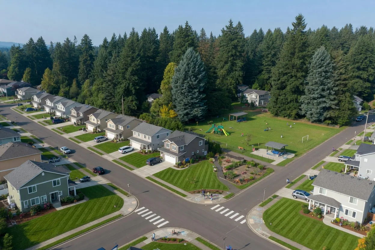 Aerial view of Sexton Mountain neighborhood in Beaverton with family homes and green spaces