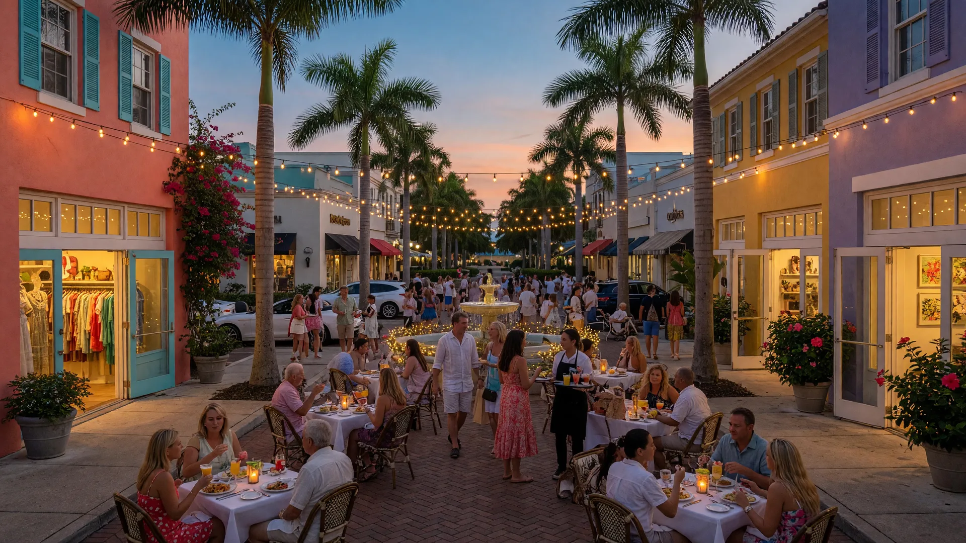 Downtown Naples street scene at twilight with string lights and palm trees