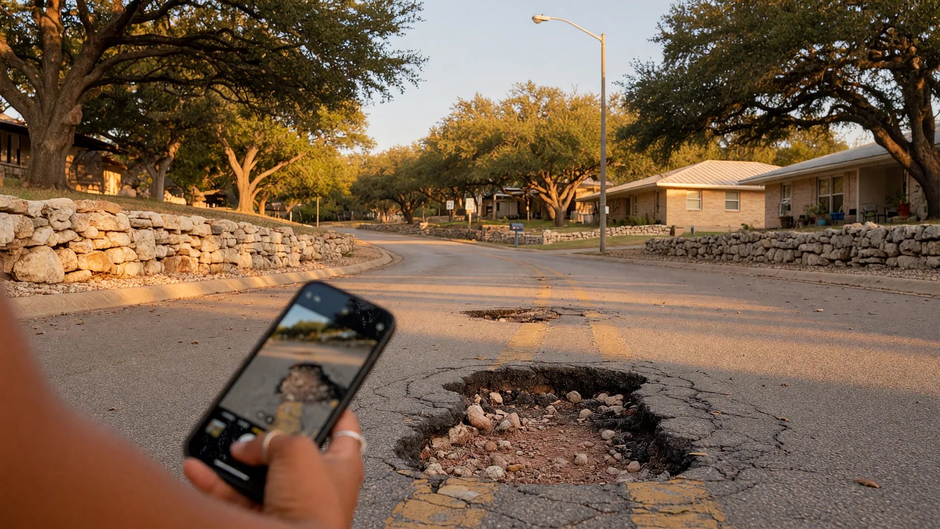 Hill Country homeowner on the phone with a notepad, looking at a suburban street with a visible pothole and a streetlight in the background