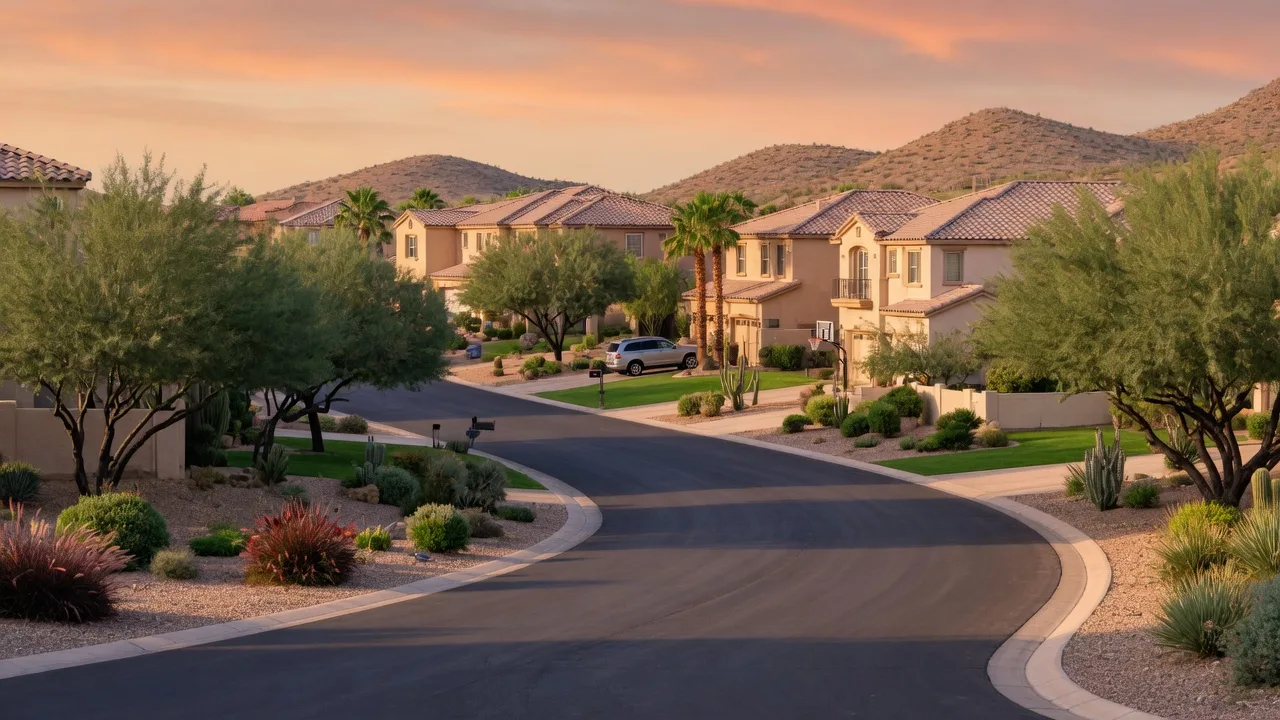 Tree-lined street winding past two-story stucco homes in an established desert master-planned Las Vegas community at late day