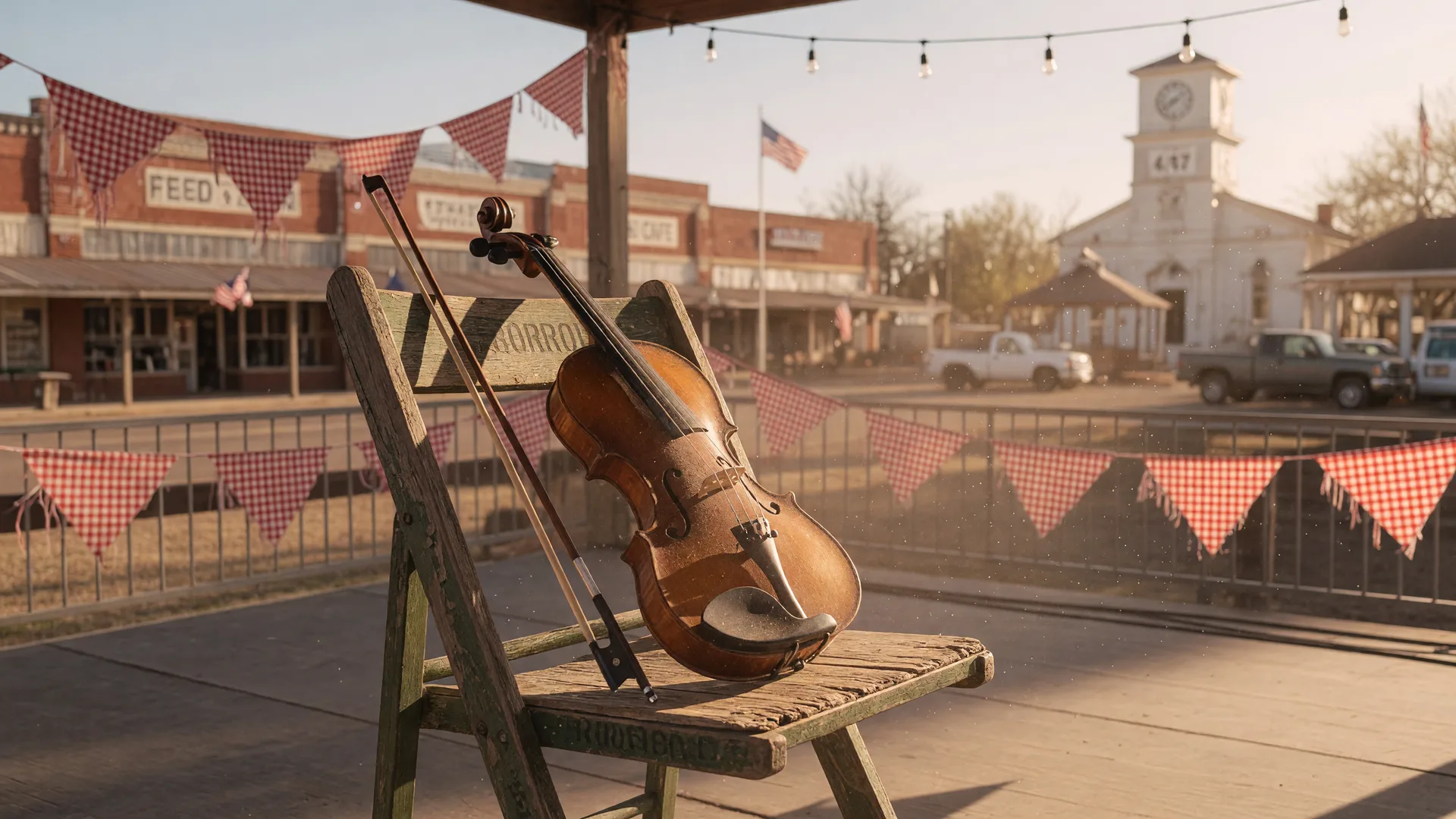 Vintage fiddle and bow resting on a wooden chair on an outdoor festival stage with checkered bunting behind