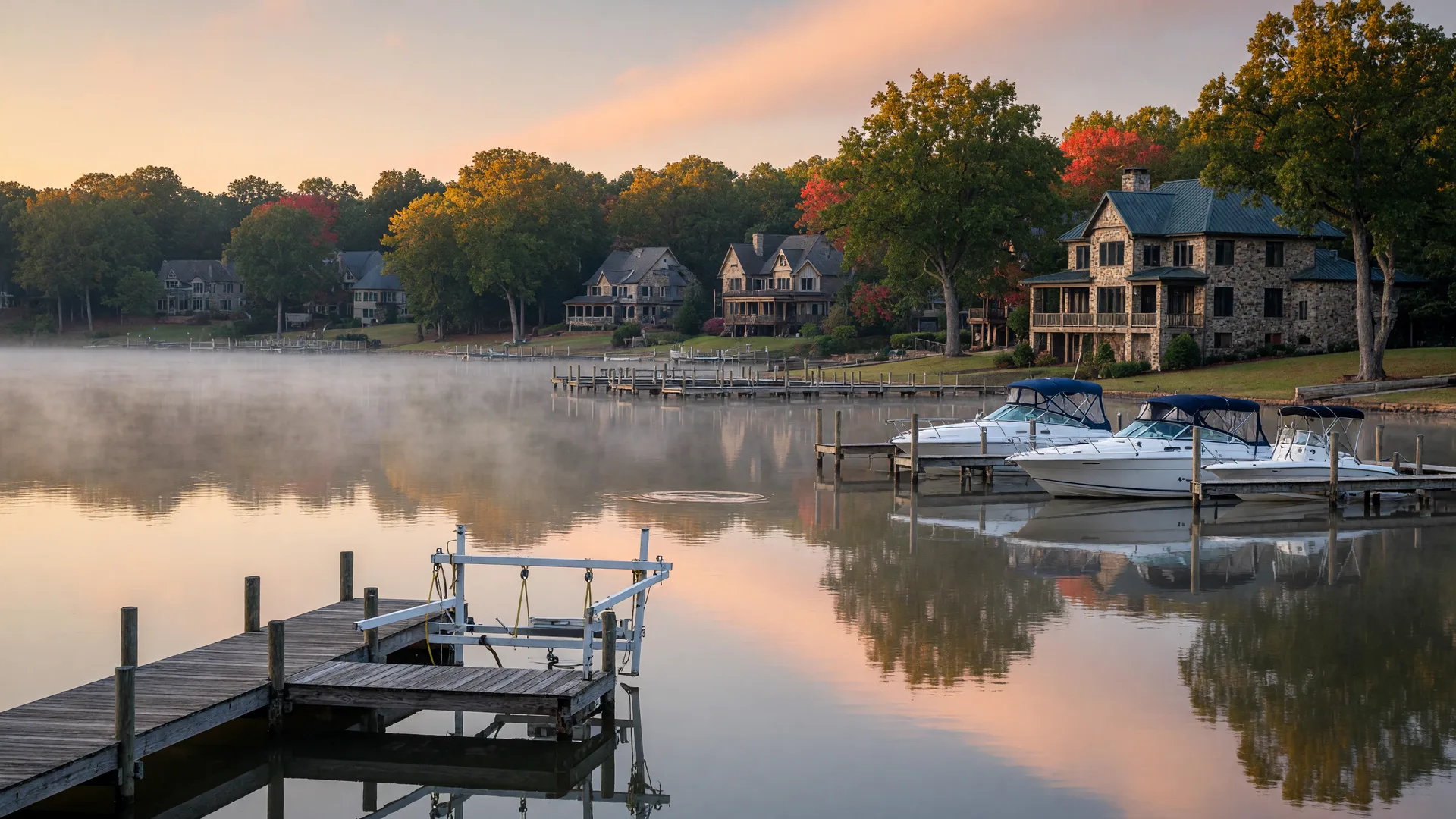 A crisp early-October morning on Lake Norman with early fall color