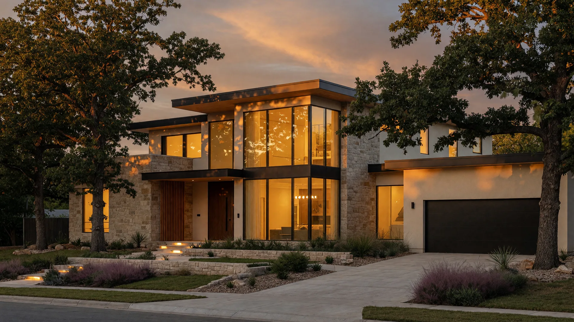 A modern luxury Tulsa home at golden hour with warm light glowing from floor-to-ceiling windows and mature oak trees in the front yard