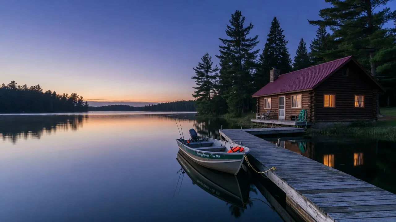 Minnesota lake cabin with a dock at blue hour