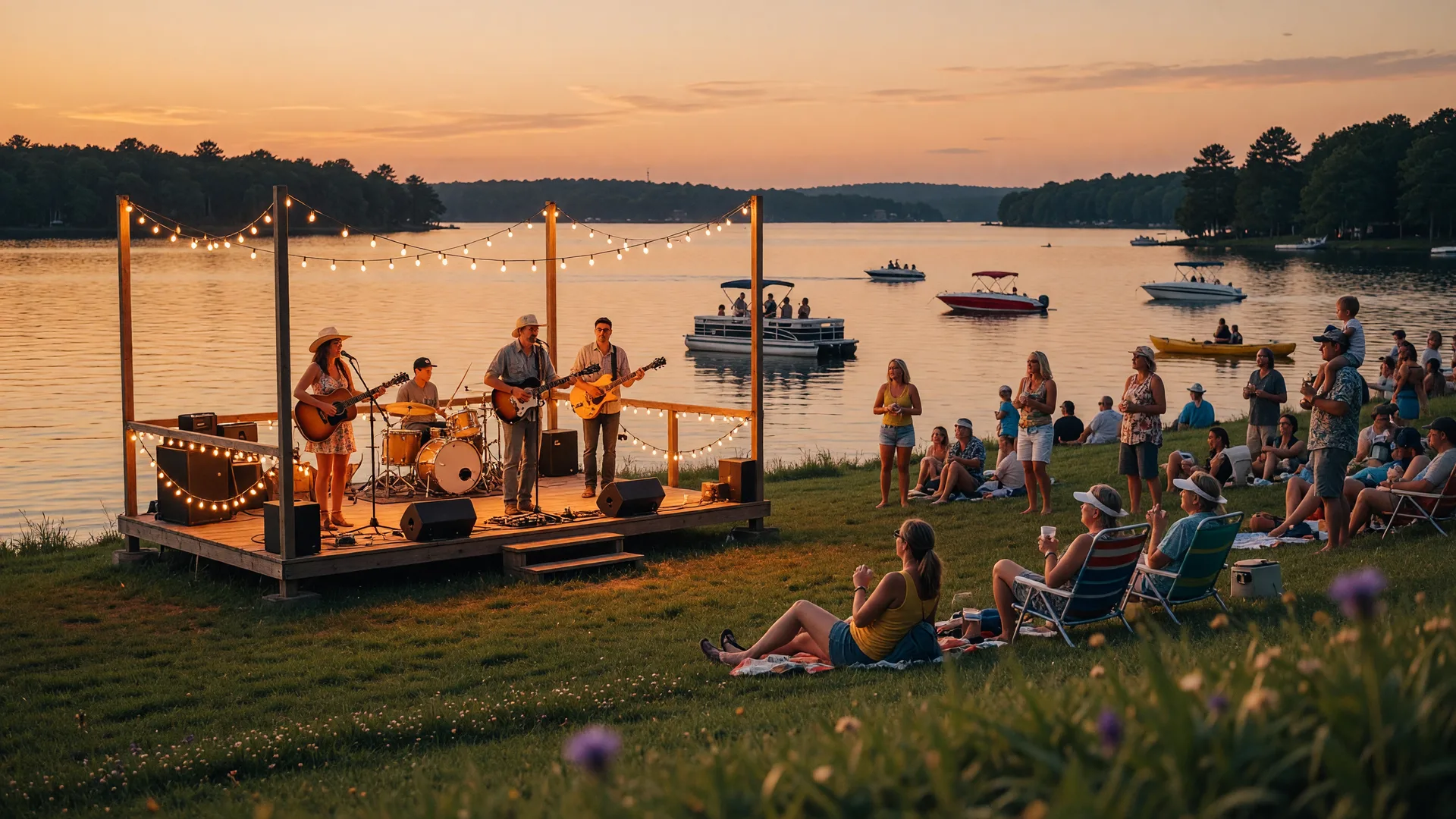 Live band performing on a wooden stage on Lake Norman at golden hour with string lights