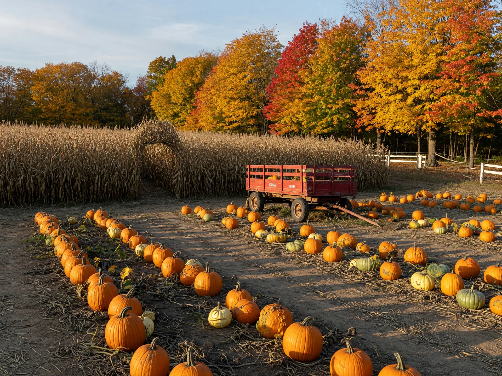 Rows of orange pumpkins and gourds at a South Jersey farm with a red hay wagon and tall corn maze in the distance on a sunny October morning