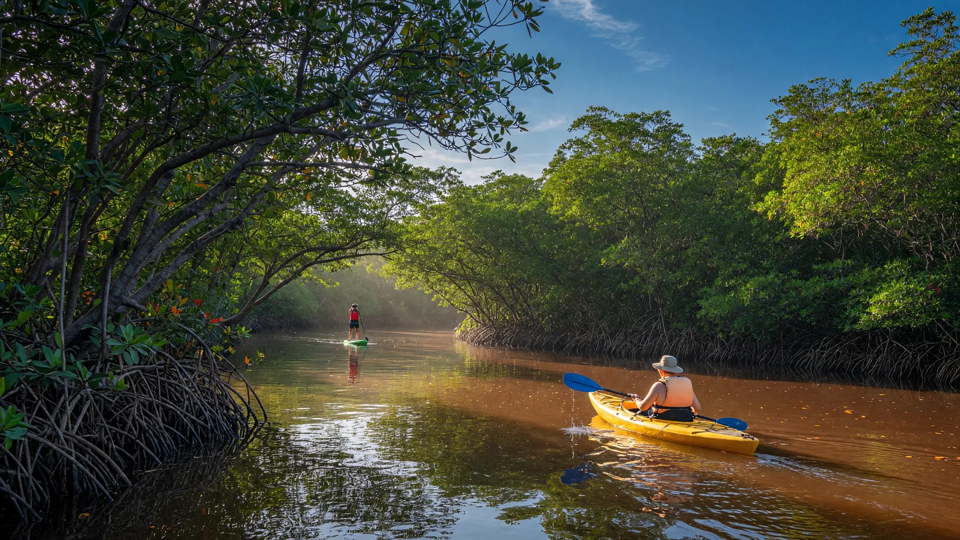 A kayak gliding on the calm Estero River in Southwest Florida with mangroves arching over the waterway and golden morning light