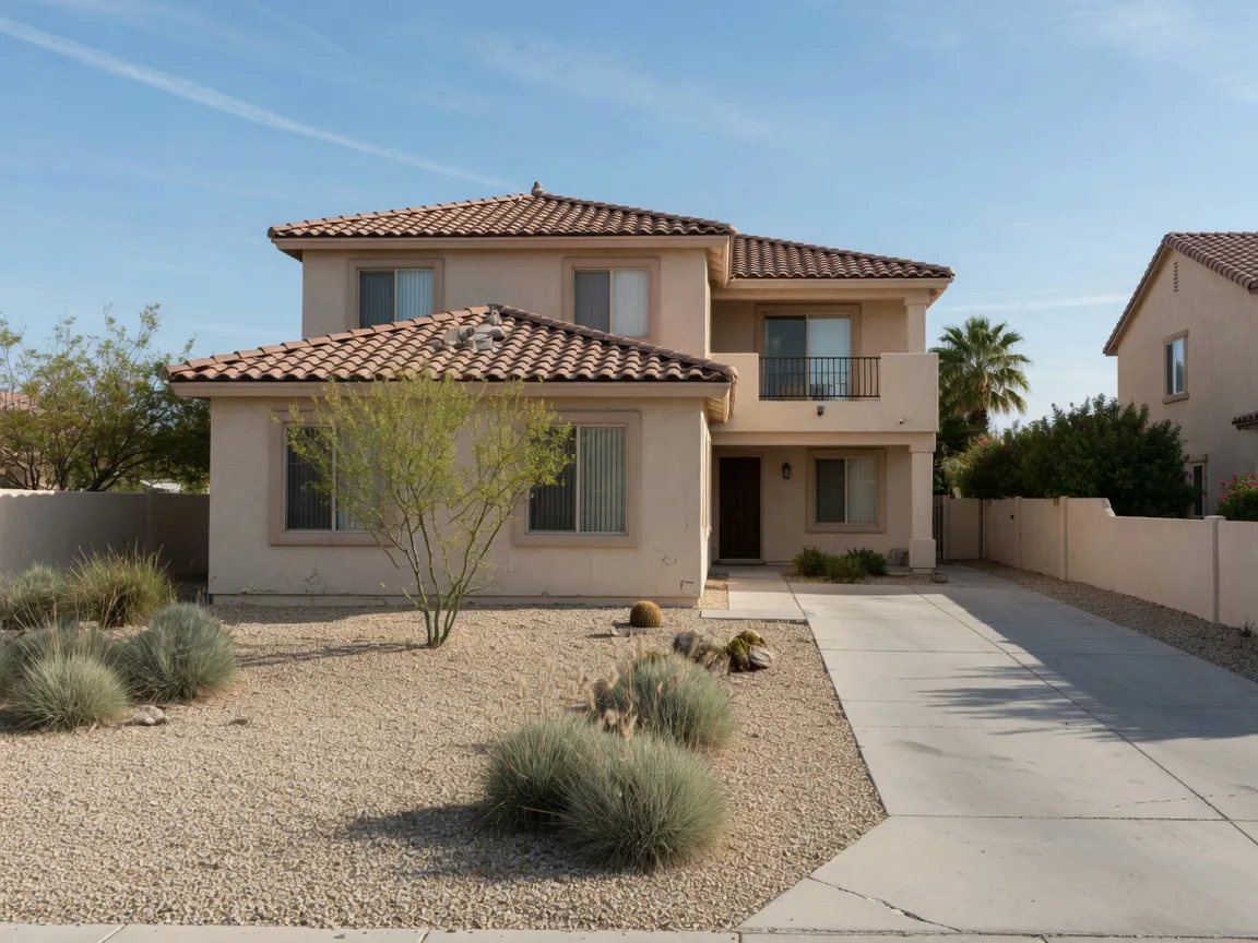 Two-story stucco home with a tile roof and desert front yard in a mature Las Vegas neighborhood