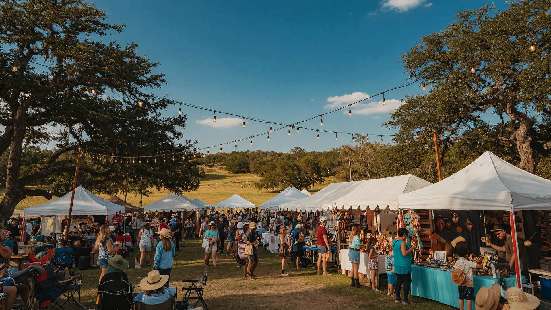 Hill Country farmers market with white tents under live oak trees on a bright Saturday morning