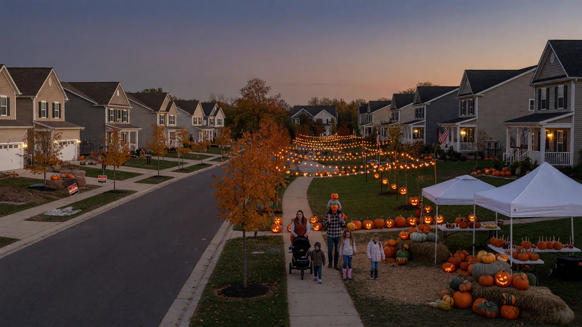 A warm late-October evening in a growing Ohio suburb, a community fall festival with glowing jack-o'-lanterns, string lights, vendor canopies and hay bales along a park path, new two-story homes and maples turning orange and gold in the dusk light