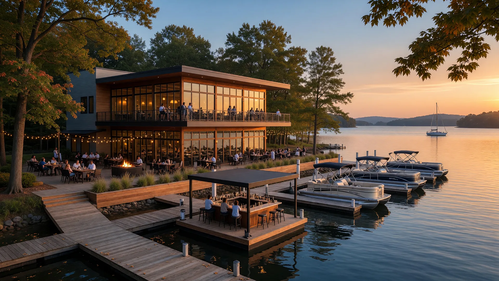 A modern two-story glass-and-wood waterfront restaurant and entertainment venue on Lake Norman at golden hour, with a wooden patio deck, a floating bar at the dock, boat slips with pontoons, and the first autumn color in the shoreline trees