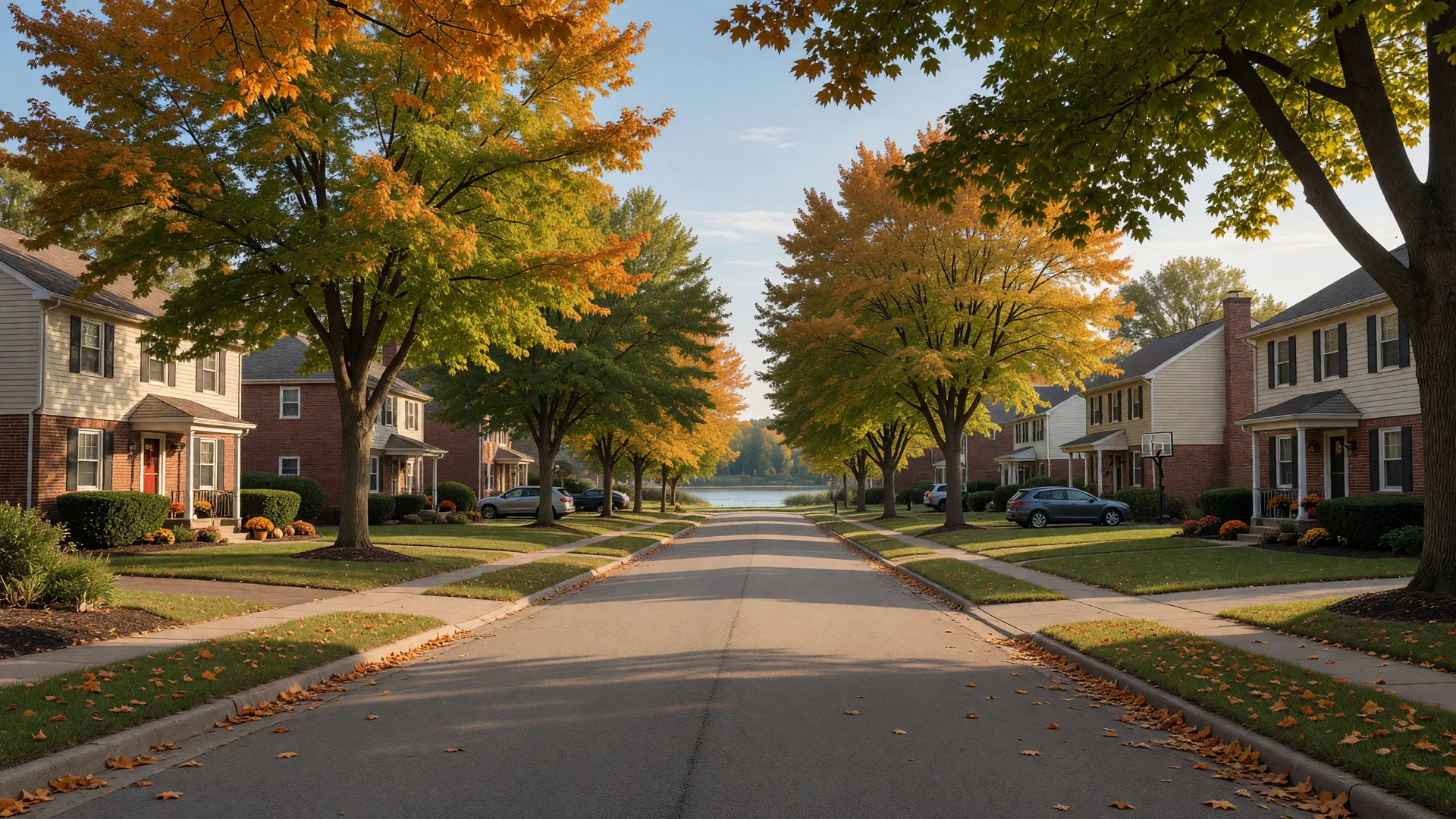 Tree-lined Loveland, Ohio street with early autumn colors along the Little Miami River