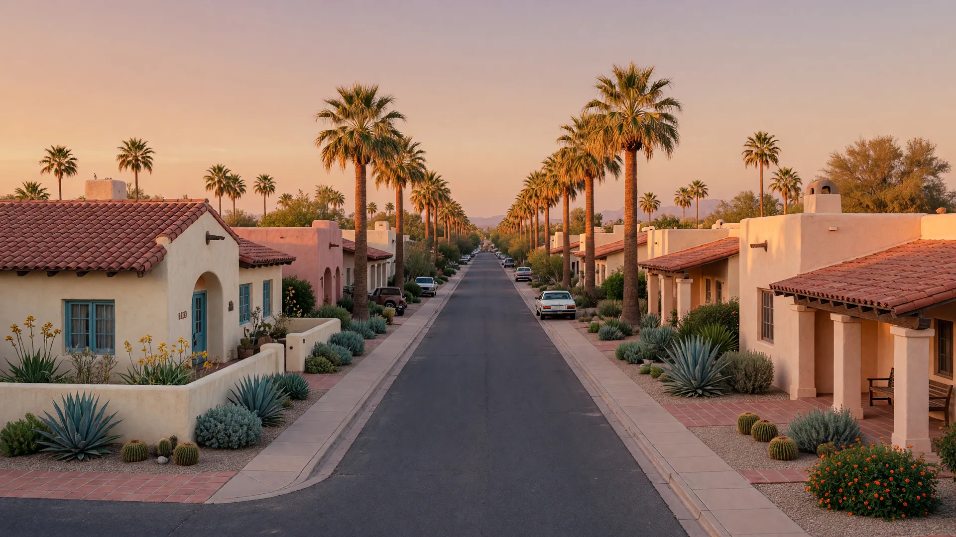 Golden hour view of historic Litchfield Park, Arizona, with palm-lined avenues and the Wigwam resort area