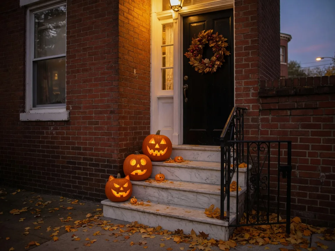 Three carved jack-o'-lanterns with glowing faces on the marble steps of a brick Philadelphia rowhouse at dusk, an autumn wreath on the front door and warm porch light spilling onto the sidewalk