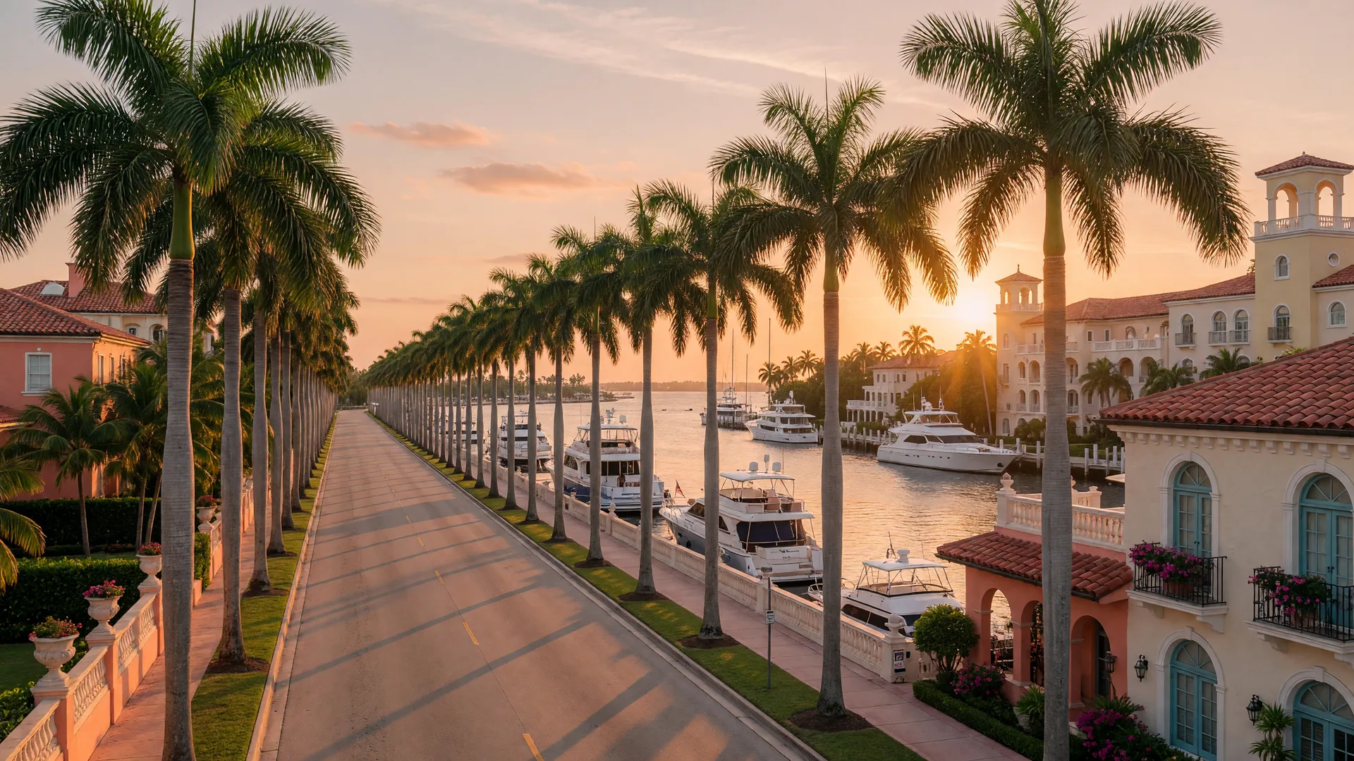 A Palm Beach boulevard lined with royal palms at golden hour, with Mediterranean-style buildings and yachts on the waterway