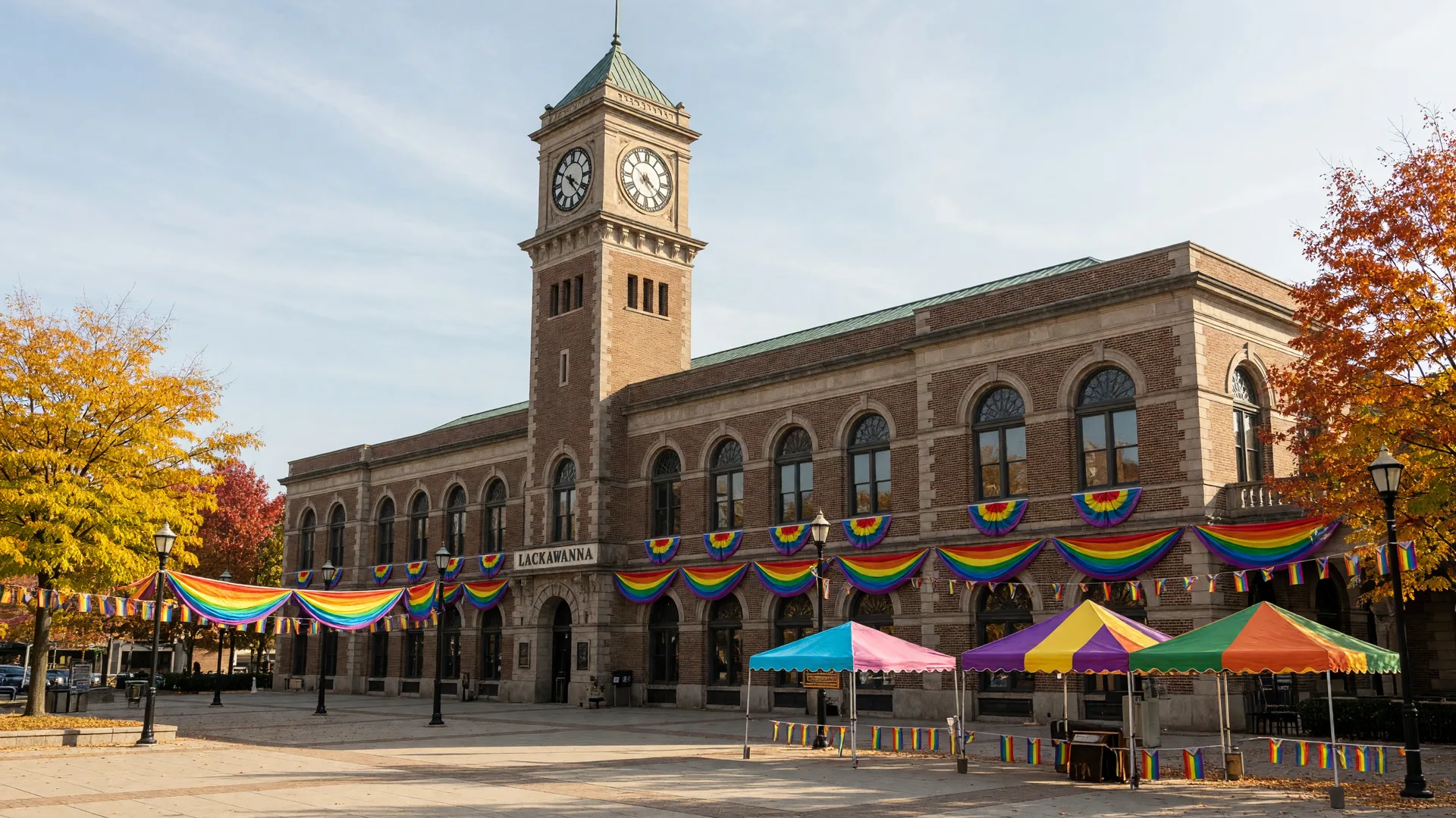 The historic Lackawanna Station building in Montclair NJ decorated with colorful rainbow bunting for a community festival, with vendor tents on the plaza