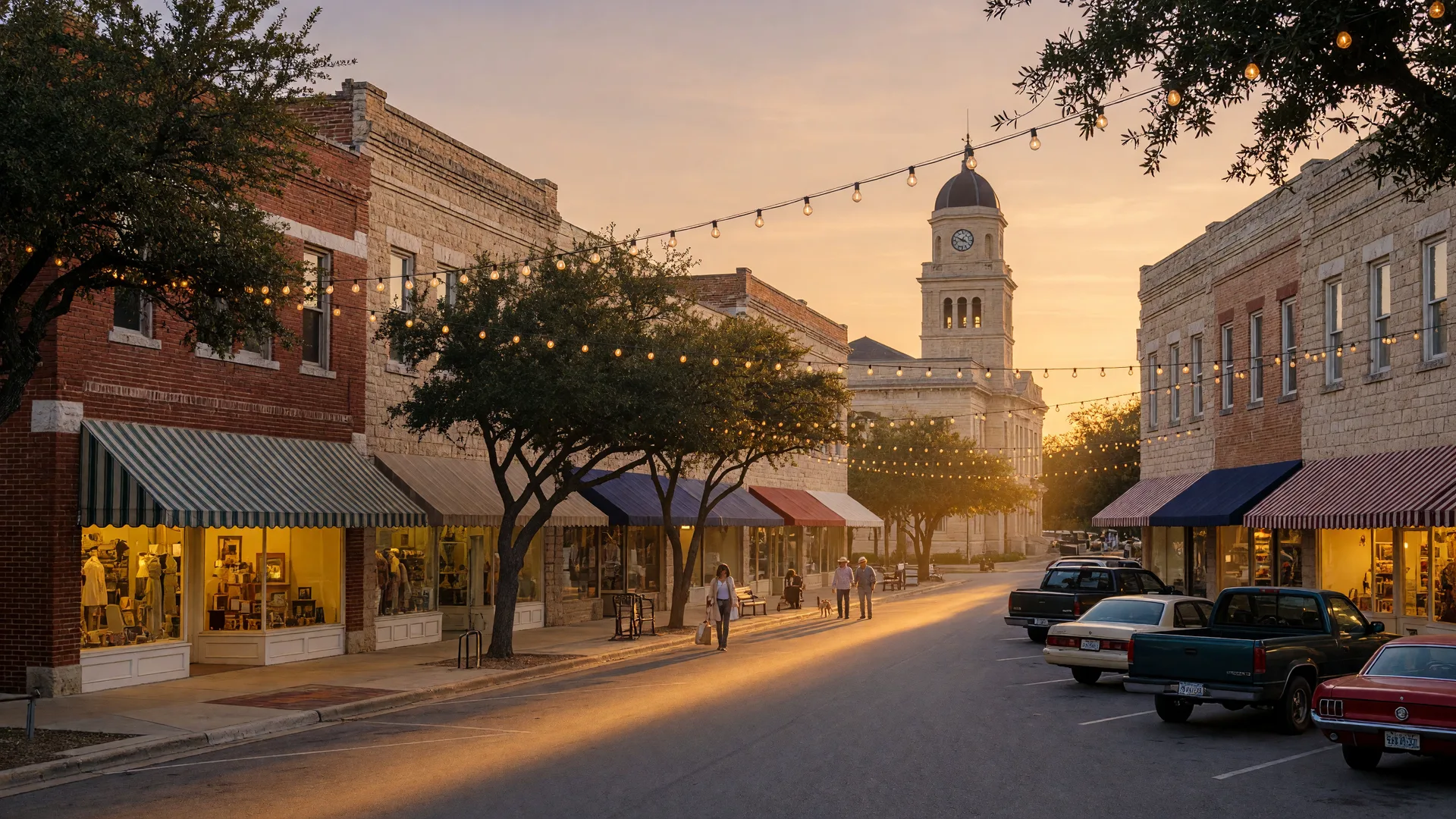 A historic Texas small-town shopping street at golden hour with boutique storefronts, awnings, and string lights