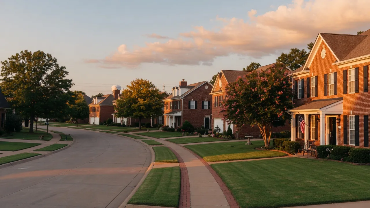 A quiet brick-home street in Broken Arrow at golden hour