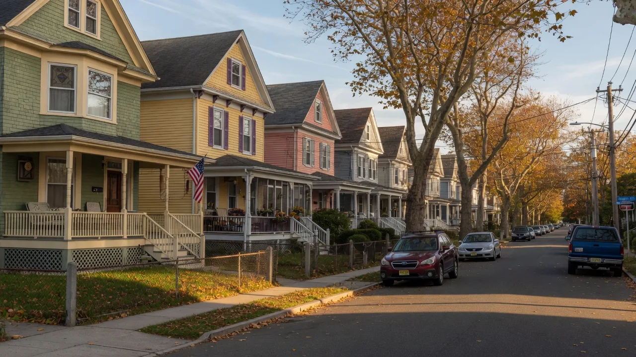 A quiet tree-lined street of older Victorian and Edwardian homes in a New Jersey seaside city on a late October afternoon, representative of Atlantic City's residential blocks