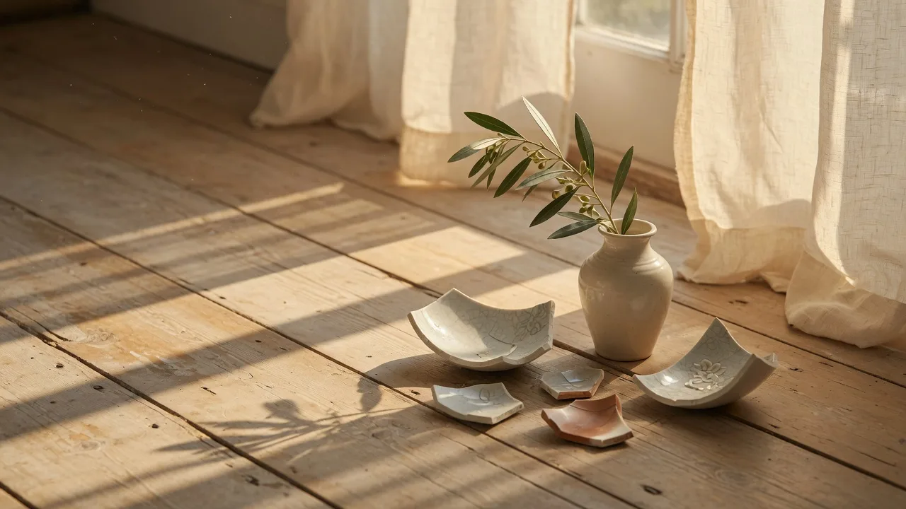 Warm sunlight through a window across a weathered wooden floor, where the shattered pieces of a cream ceramic vase lie beside an unbroken vase holding a green olive branch, evoking grace and mending