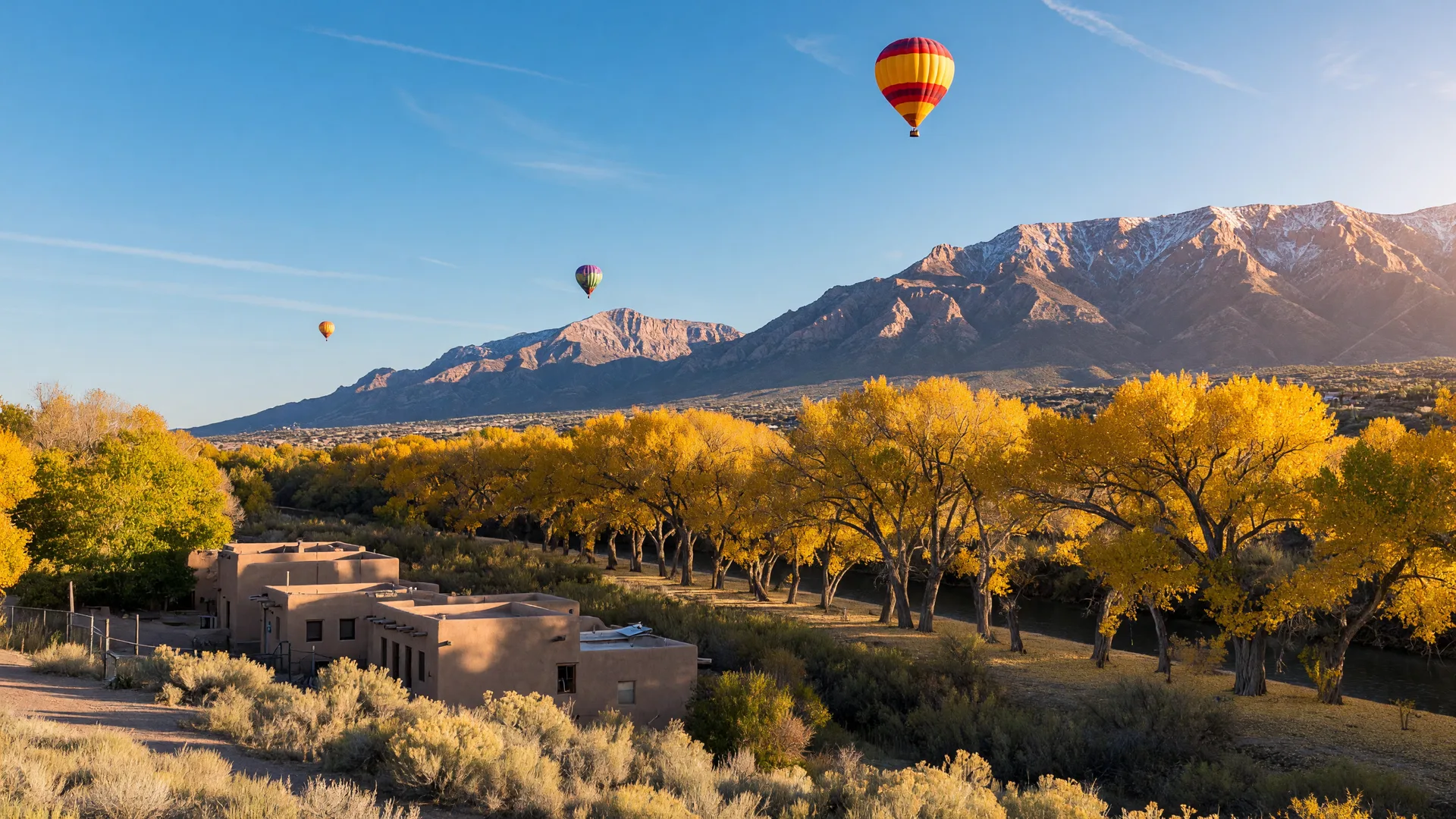 Golden cottonwood trees along the Rio Grande with the Sandia Mountains in the distance and hot air balloons drifting in a clear October sky