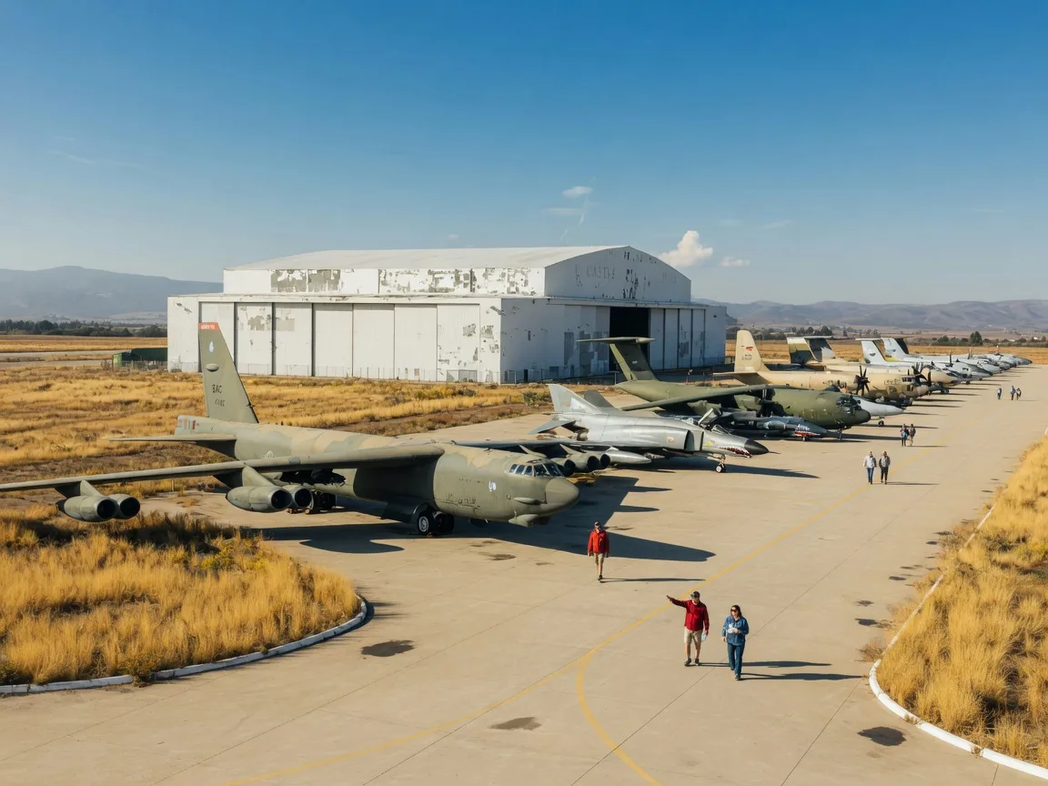 Rows of restored Cold War-era military aircraft at Castle Air Museum in Atwater on a sunny November afternoon, a B-52 bomber, fighter jets, and cargo planes lined up on the wide ramp beside the white hangar, golden dry grass at the edges, and a clear blue sky with the hazy Sierra Nevada foothills on the horizon