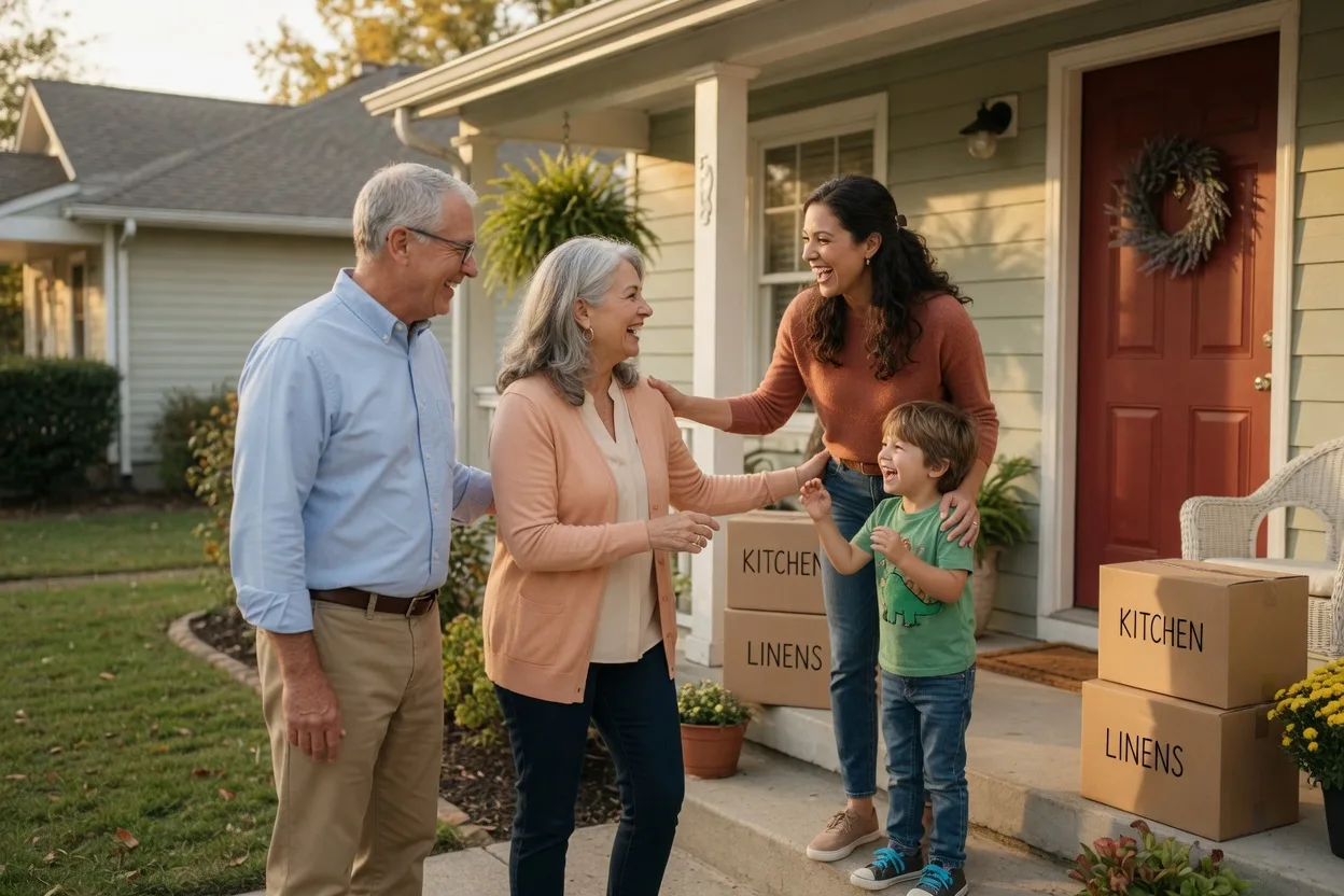 A mature couple greeted warmly by family and a grandchild at the doorway of a single-story home as they begin a new chapter