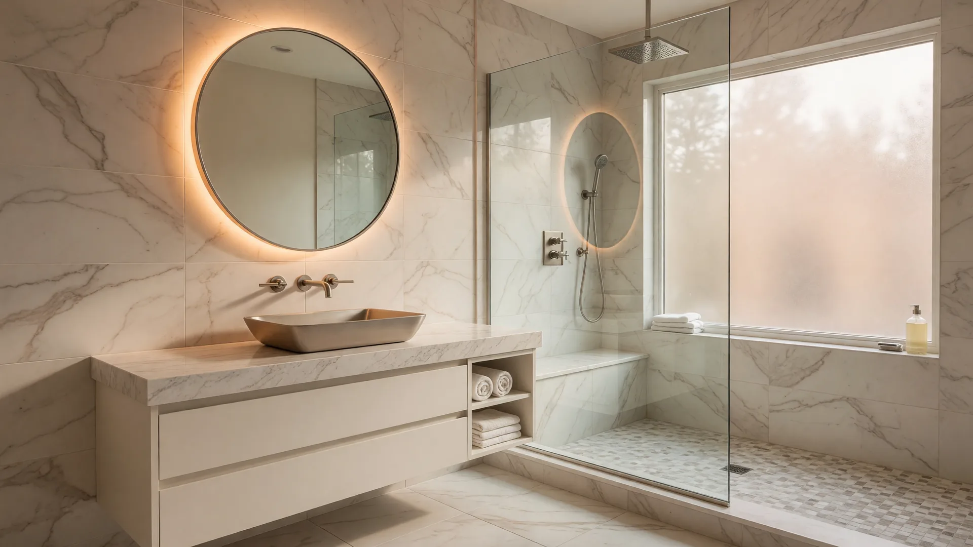 Modern spa-like bathroom with floating vanity, round backlit mirror, marble-look tile, and glass-enclosed rainfall shower