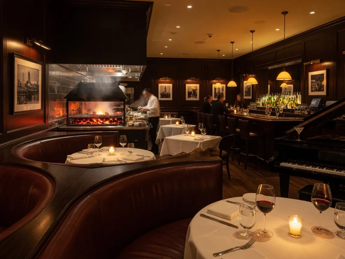 Warm, moody dining room inside Bottles and Bones chophouse in Suwanee Georgia with dark wood, leather booths, candlelit tables, an open charcoal kitchen, and a baby grand piano near the bar
