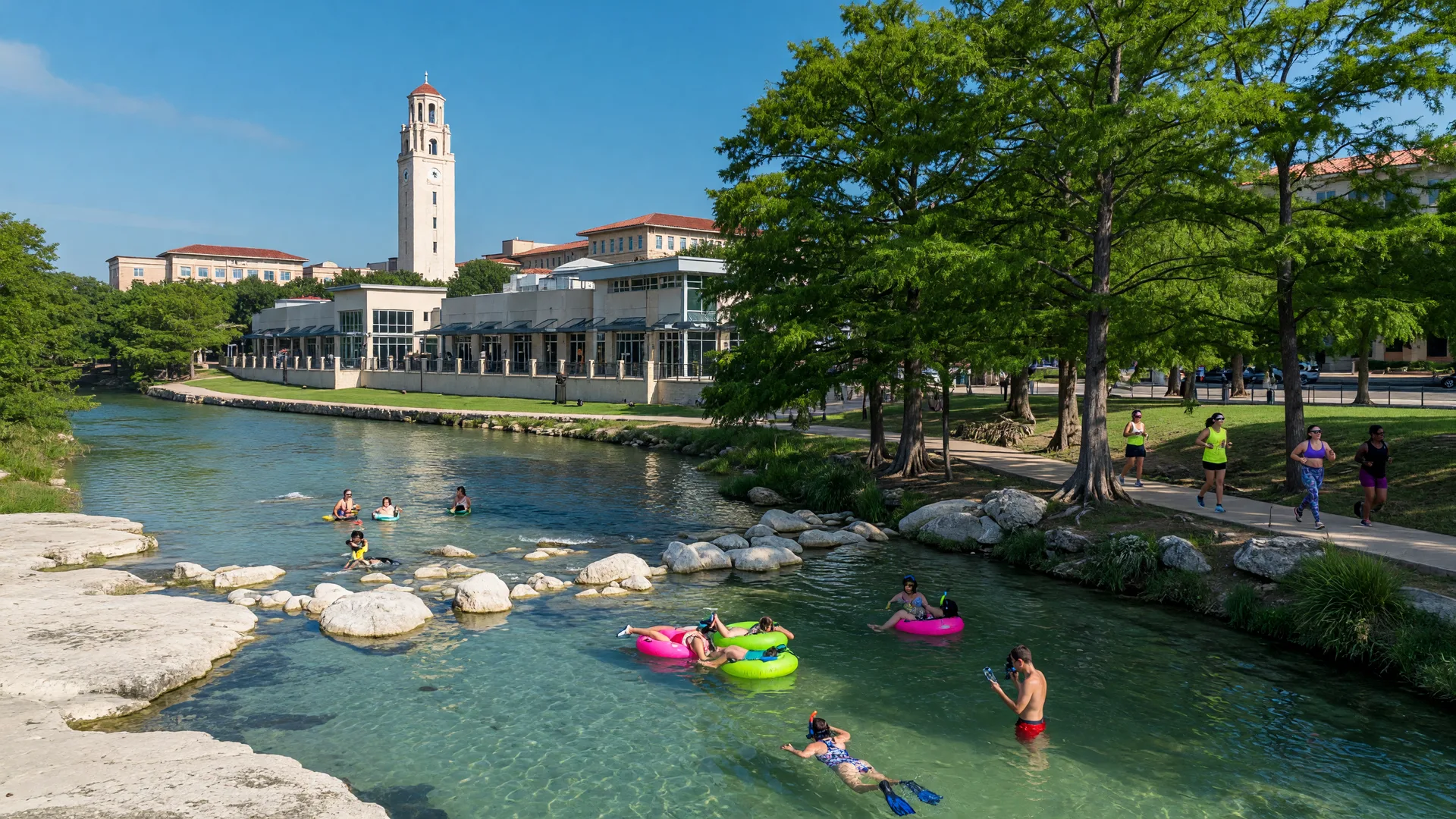 San Marcos River on a bright summer morning — people tubing in crystal-clear water, joggers on a cypress-shaded trail, Texas State University bell tower in the distance