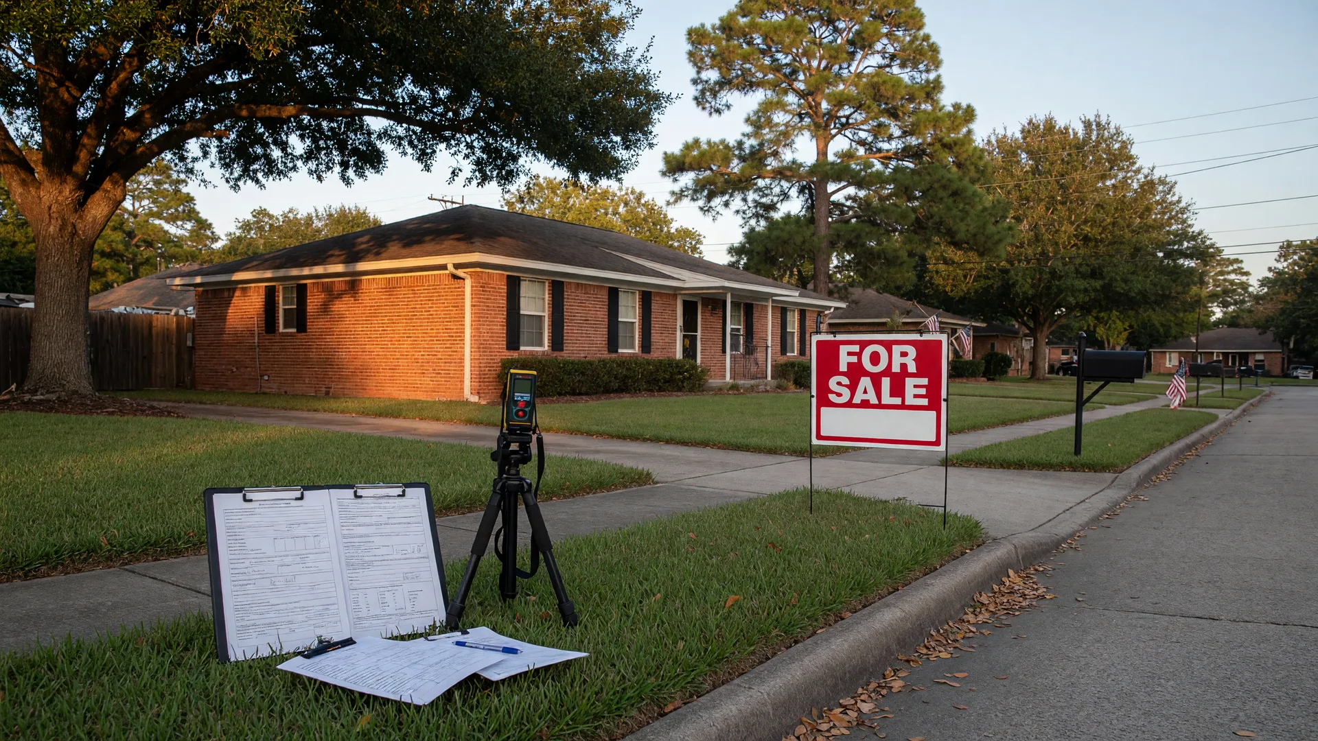 A well-maintained single-story brick home on a tree-lined street in the Northeast Houston area on a clear late-September morning, with an appraisal clipboard and measuring tool in the foreground lawn