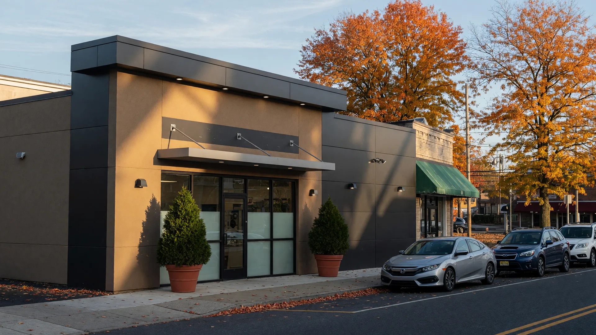 A modern tan and charcoal dispensary storefront on Broad Street in Bloomfield on a bright October morning, with potted evergreens by the entrance and autumn maples nearby