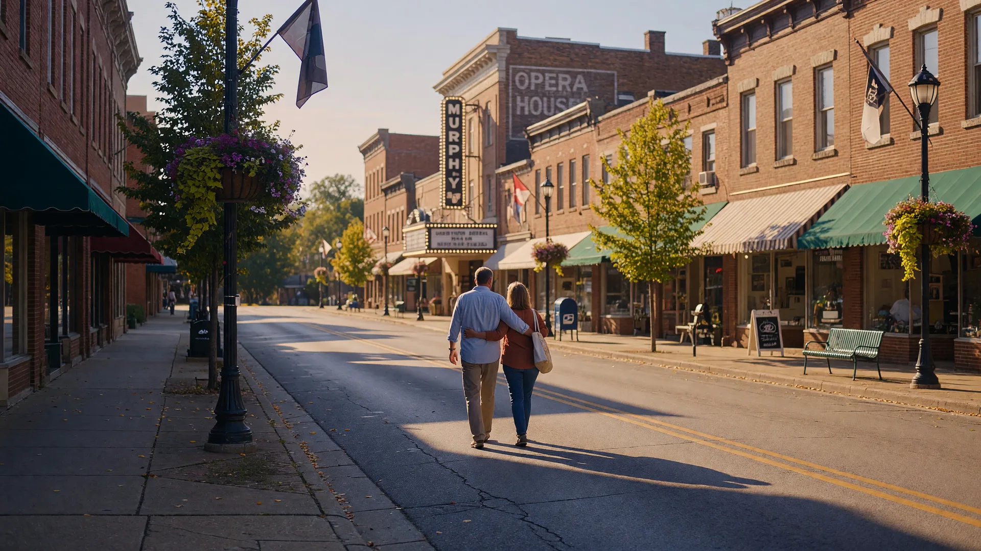 Downtown Wilmington, Ohio Main Street with historic brick storefronts, hanging flower baskets, and the Murphy Theatre marquee on a warm late summer afternoon