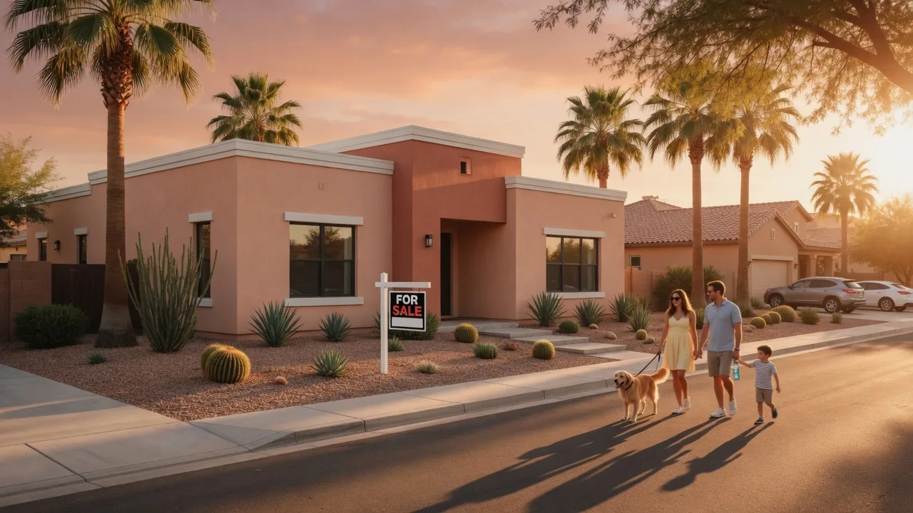 Modern Arizona home in Gilbert at golden hour with a family walking a dog across a quiet suburban street