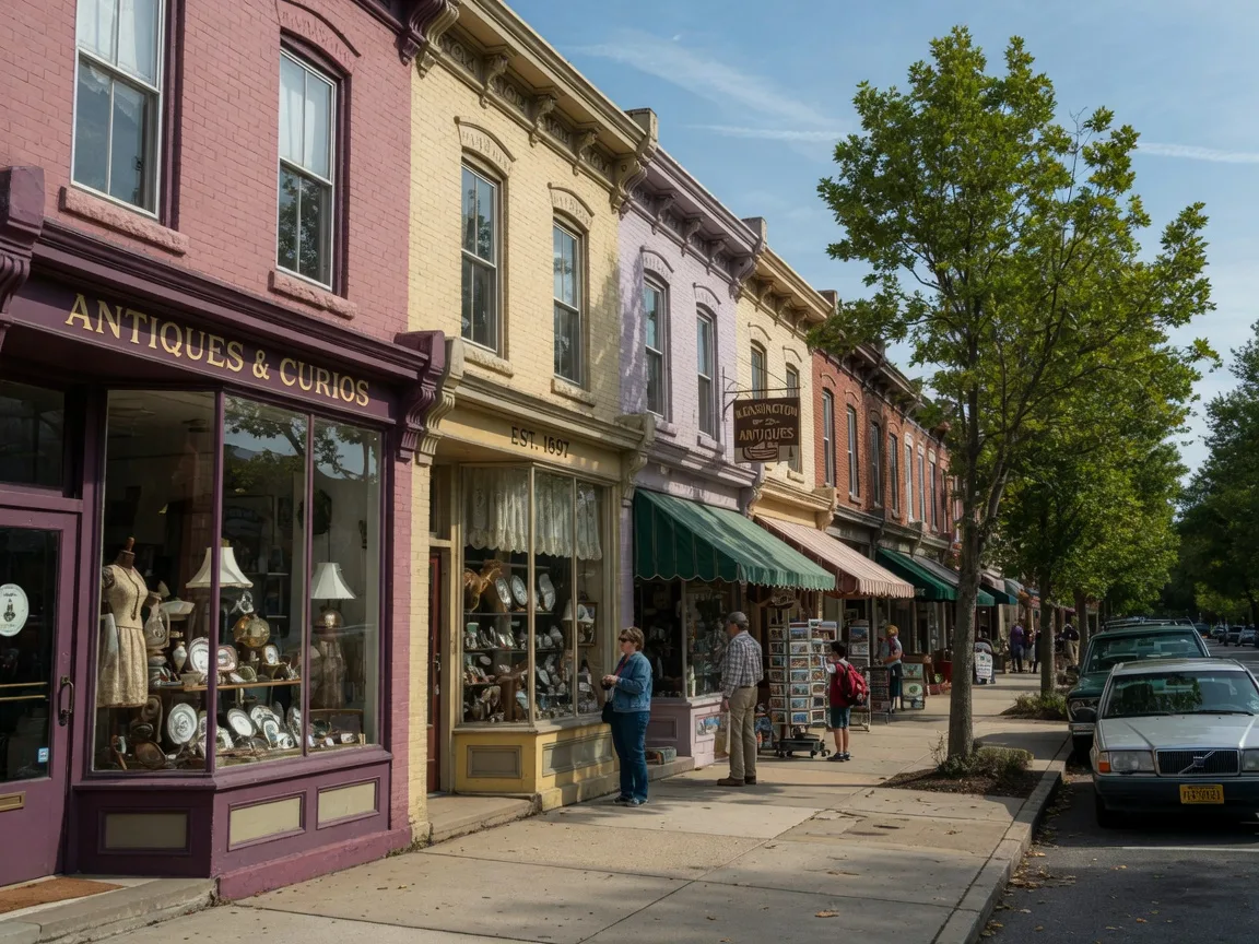 A small-town Maryland main street with antique storefronts and a clock tower