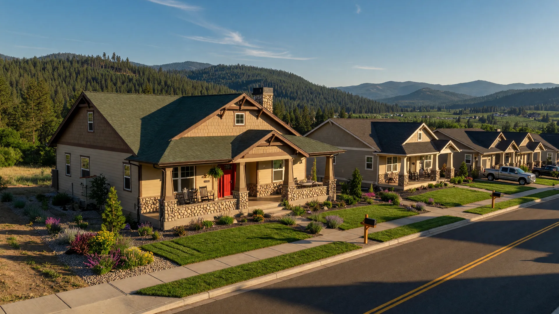 New craftsman-style home in a Grants Pass subdivision with Rogue Valley hills in the background on a bright summer afternoon