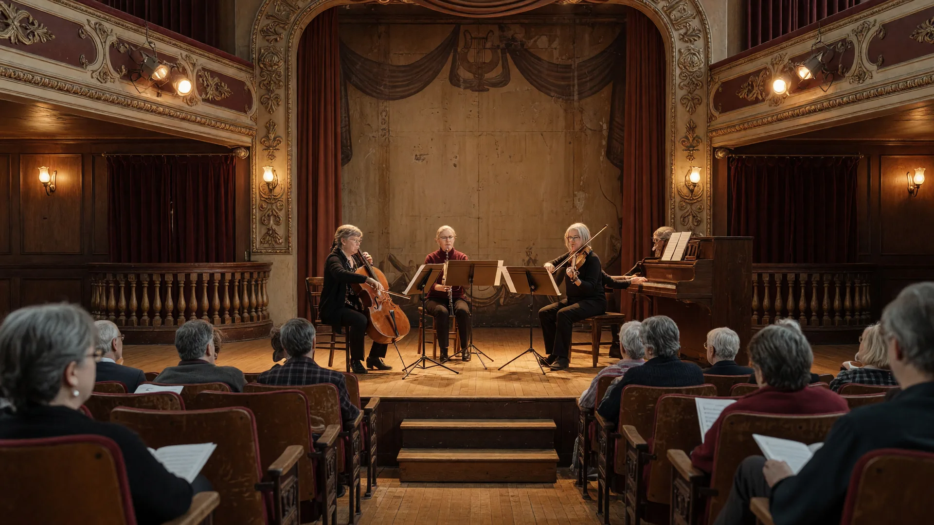 Musicians performing on a warm wooden stage in a historic community concert hall