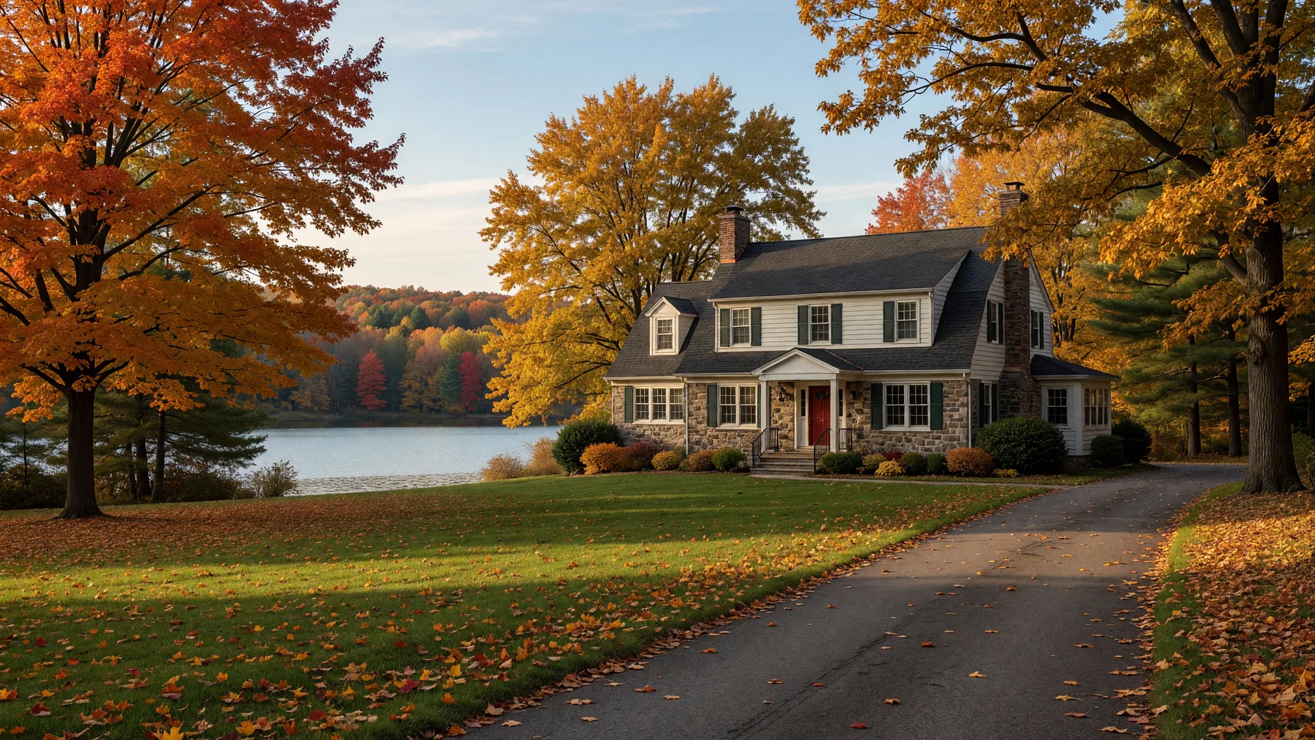 An autumn home on a wooded, lakeside lot with mature fall trees, evoking the peaceful character of Ann Arbor's Loch Alpine neighborhood